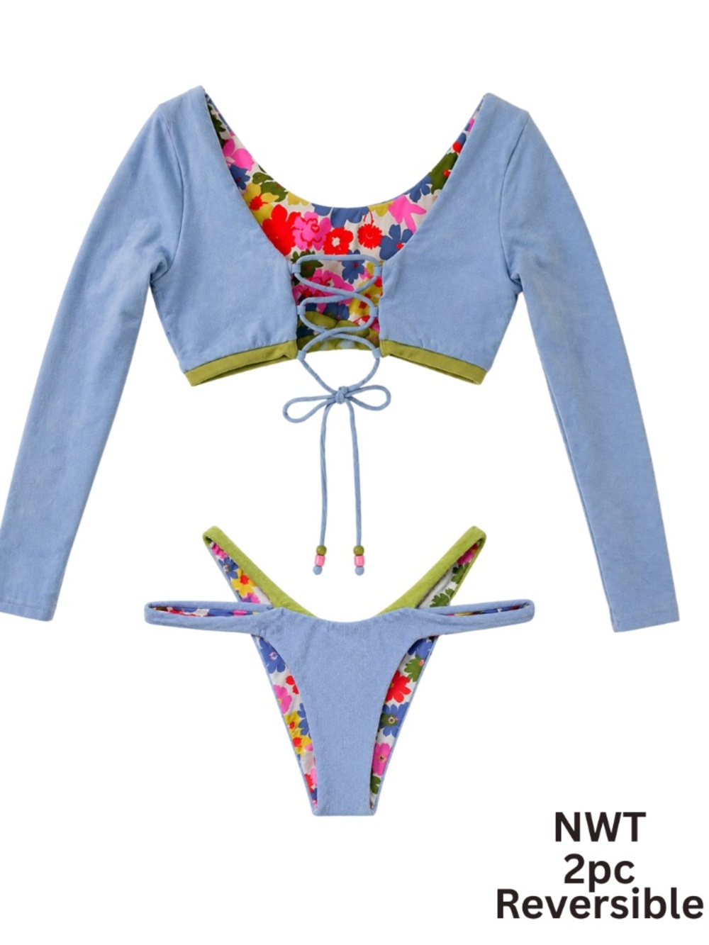 Maaji Reversible Bikini Set Medium Long Sleeve Tie Back Top Double V Strap Blue